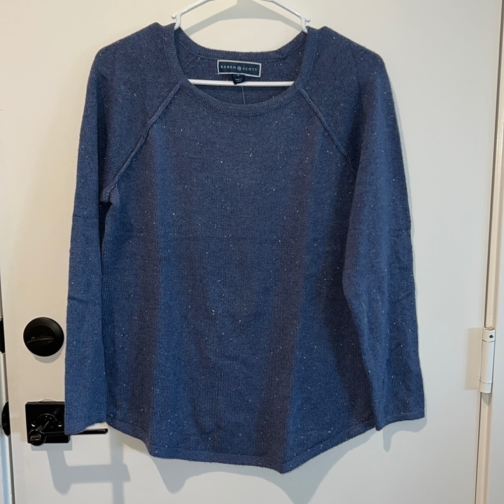 NWT Karen Scott Small Curved Hem Sweater Heather Indigo